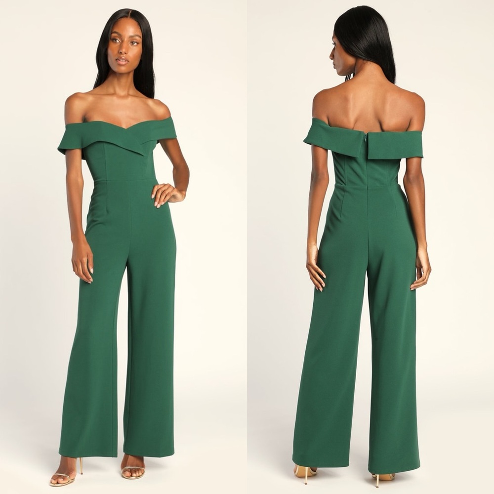 Lulus | Love Me Tomorrow Hunter Green Off-the-Shoulder Wide-Leg Jumpsuit